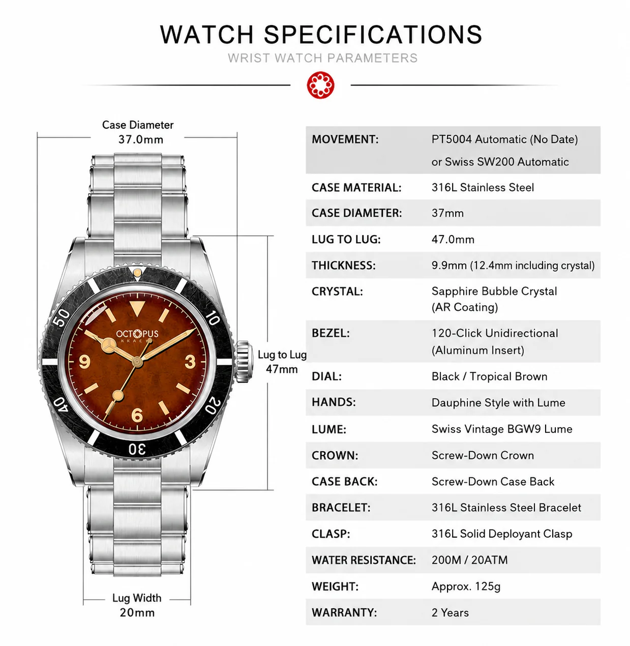 Octopus Kraken PT5004 37mm Automatic Watch OCT-0029 Sword Hands - Image 22